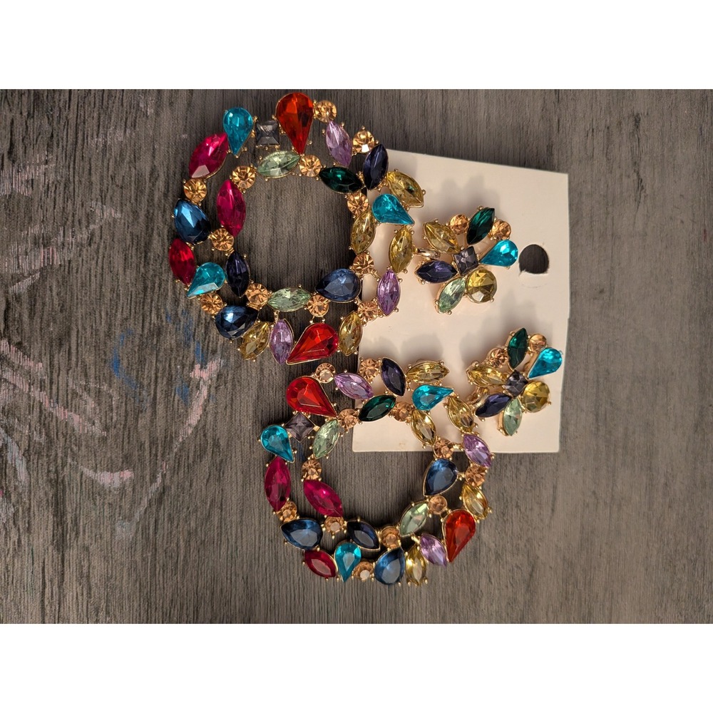Multicolor Rhinestone Wreath Drop Earrings Gold Tone Crystal Statement Jewelry